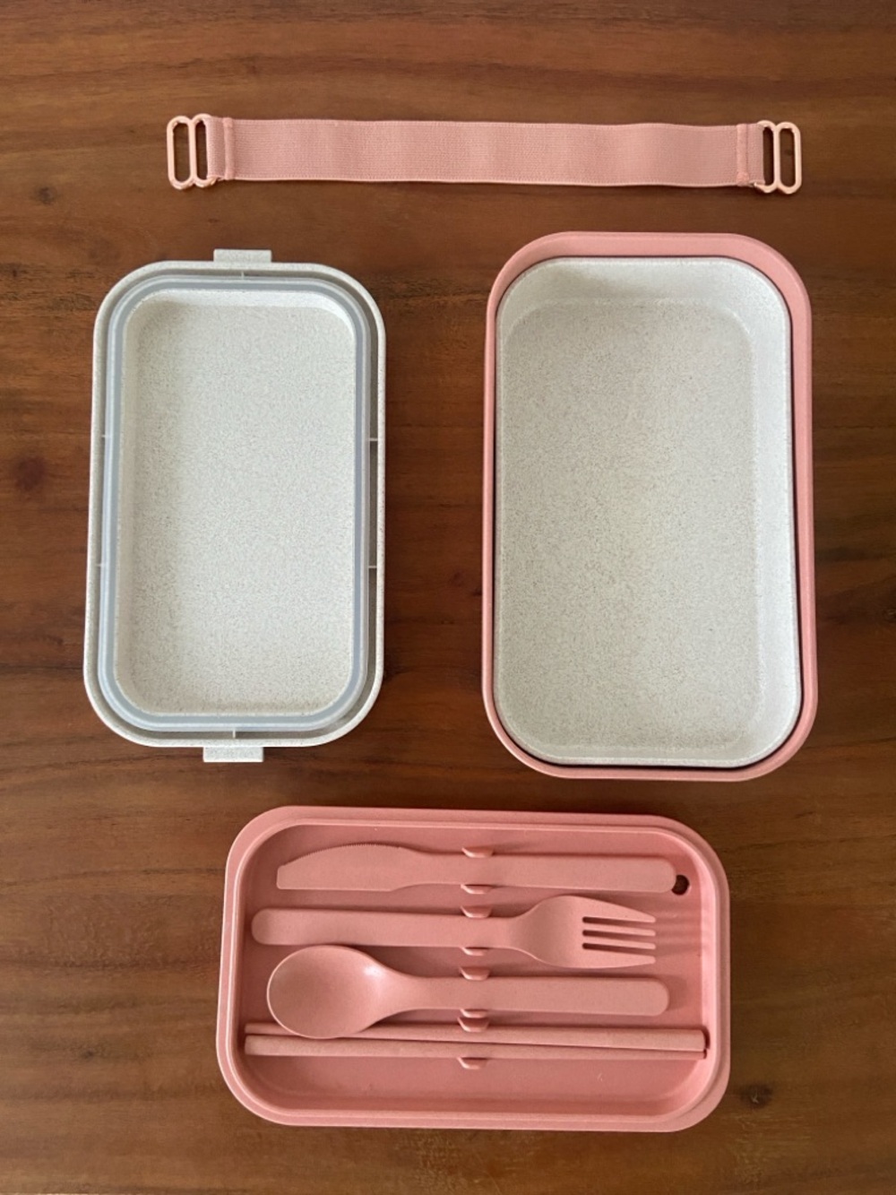Our Place The Lunch Box in a pink & stone modular bento box built-in cutlery